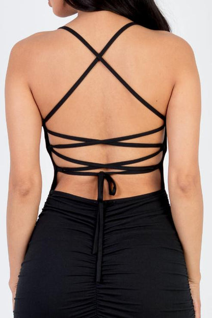 Sexy Solid Color Ruched Crisscross Back Mini Bodycon Dress - Capella Apparel