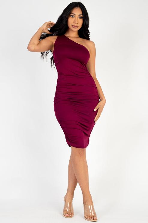 Sexy Solid Color Ruched One Shoulder Midi Bodycon Dress - Capella Apparel