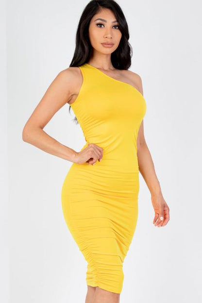 Sexy Solid Color Ruched One Shoulder Midi Bodycon Dress - Capella Apparel