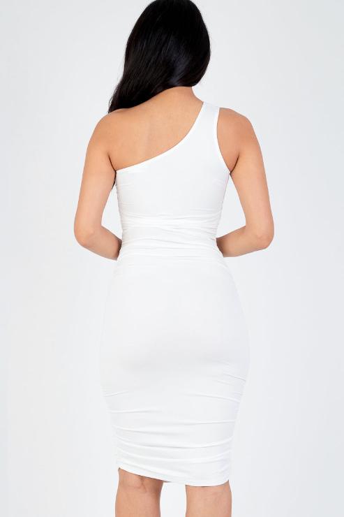 Sexy Solid Color Ruched One Shoulder Midi Bodycon Dress - Capella Apparel