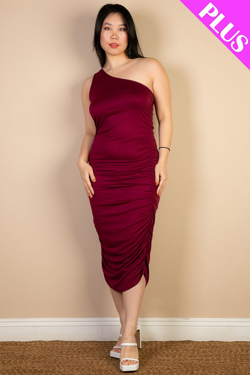 Plus Size Sexy Solid Color Ruched One Shoulder Midi Bodycon Dress - Capella Apparel