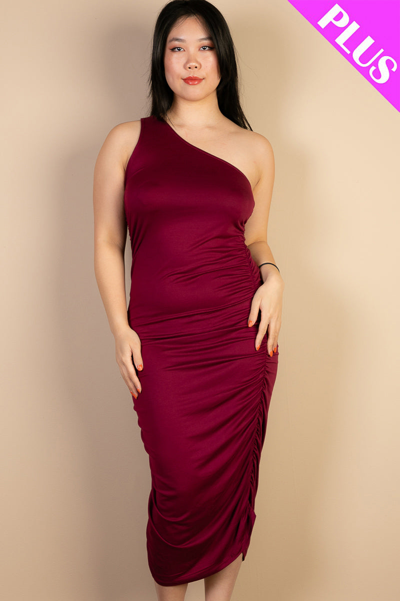 Plus Size Sexy Solid Color Ruched One Shoulder Midi Bodycon Dress - Capella Apparel