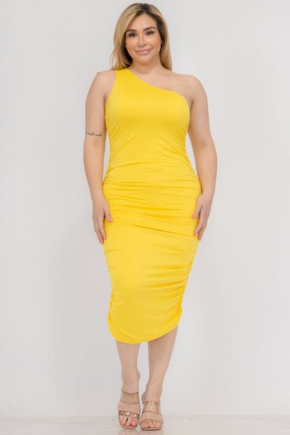 Plus Size Sexy Solid Color Ruched One Shoulder Midi Bodycon Dress - Capella Apparel