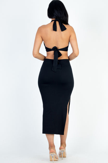 Cut-out Halter Neck Double Back Tie Split Thigh Midi Dress - Capella Apparel