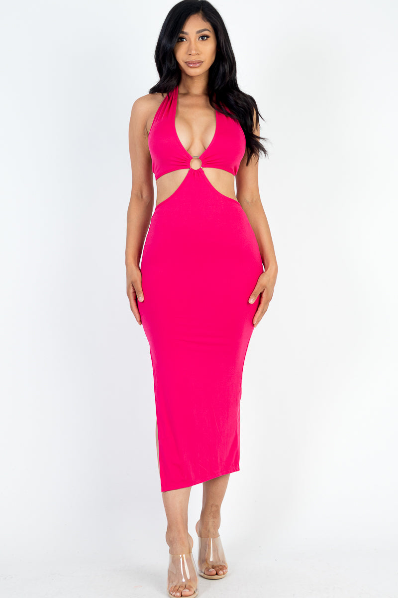 Cut-out Halter Neck Double Back Tie Split Thigh Midi Dress - Capella Apparel