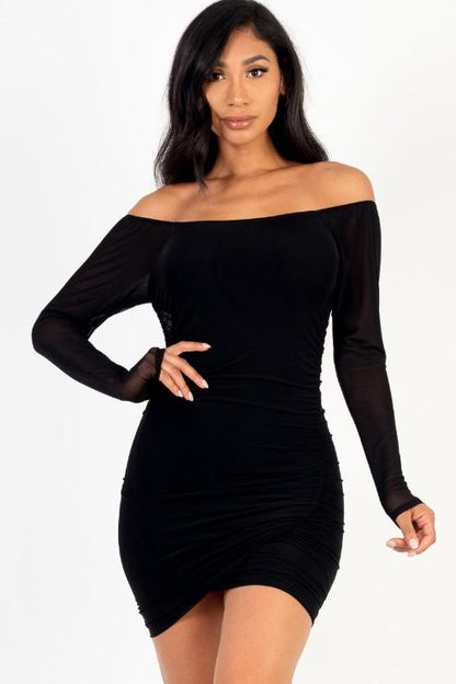 Ruched Mesh Long Sleeve Mini Dress - Capella Apparel