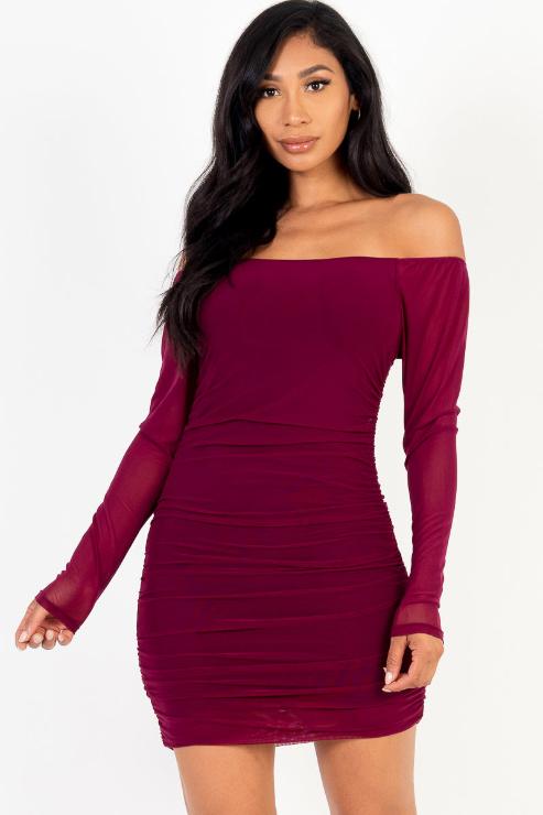 Ruched Mesh Long Sleeve Mini Dress - Capella Apparel