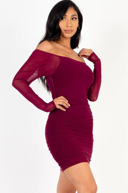 Ruched Mesh Long Sleeve Mini Dress - Capella Apparel