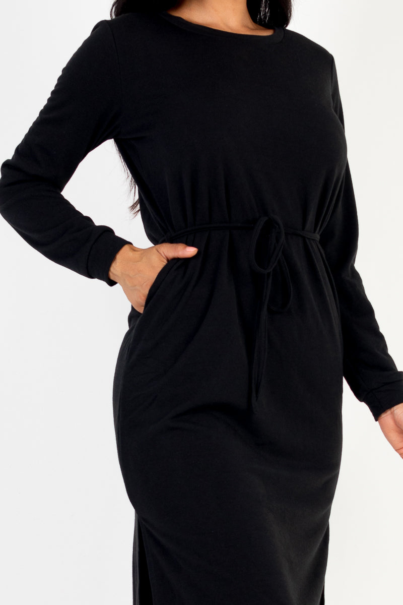 French Terry Long Sleeve Tie Front Midi Dress - Capella Apparel