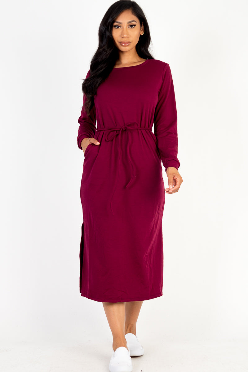 French Terry Long Sleeve Tie Front Midi Dress - Capella Apparel