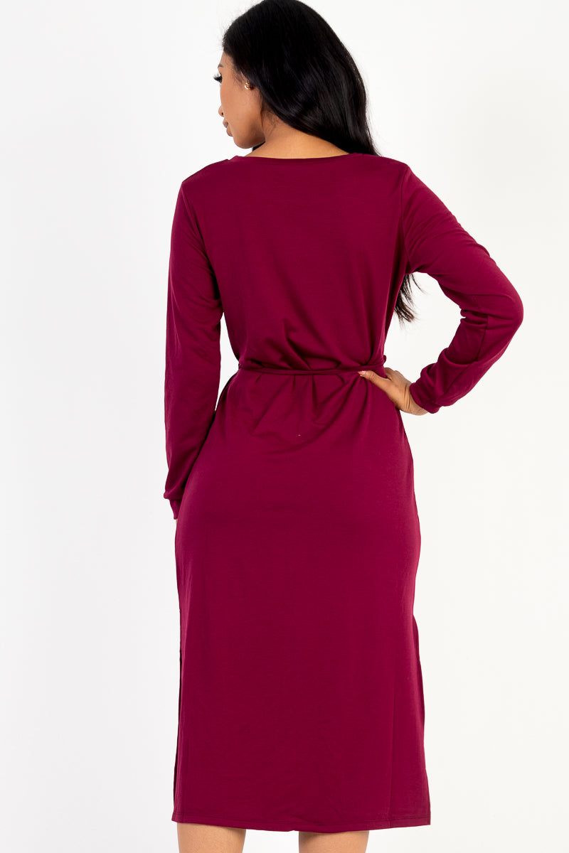 French Terry Long Sleeve Tie Front Midi Dress - Capella Apparel