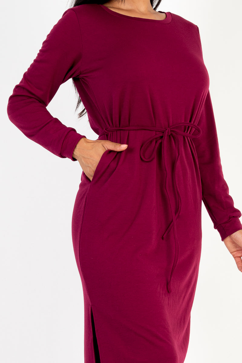 French Terry Long Sleeve Tie Front Midi Dress - Capella Apparel