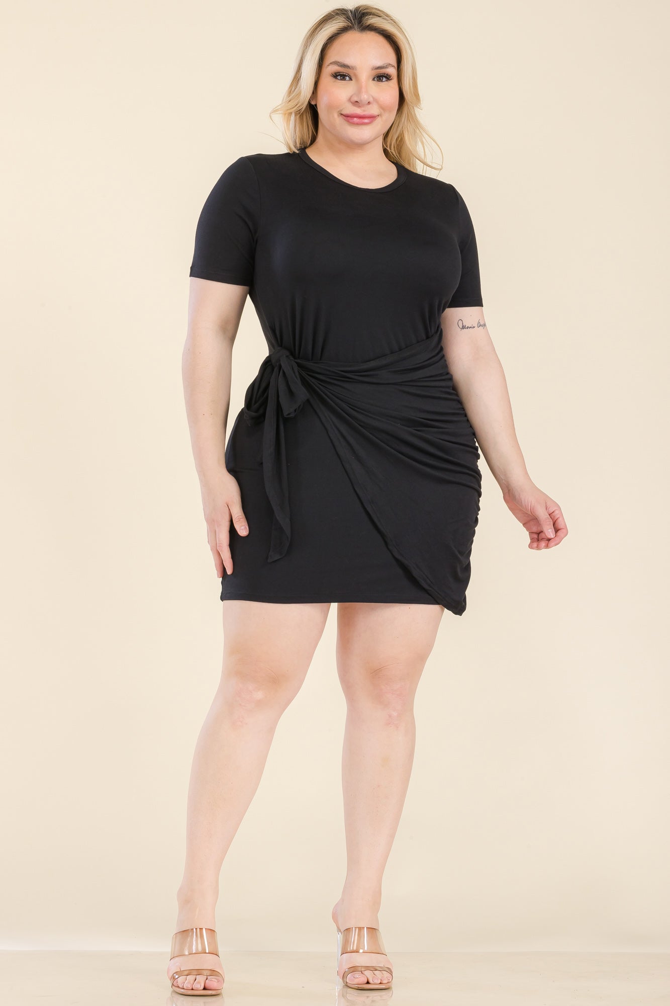 Plus Size Solid Wrap Front Tie Side Short Sleeve Mini Dress - Capella Apparel