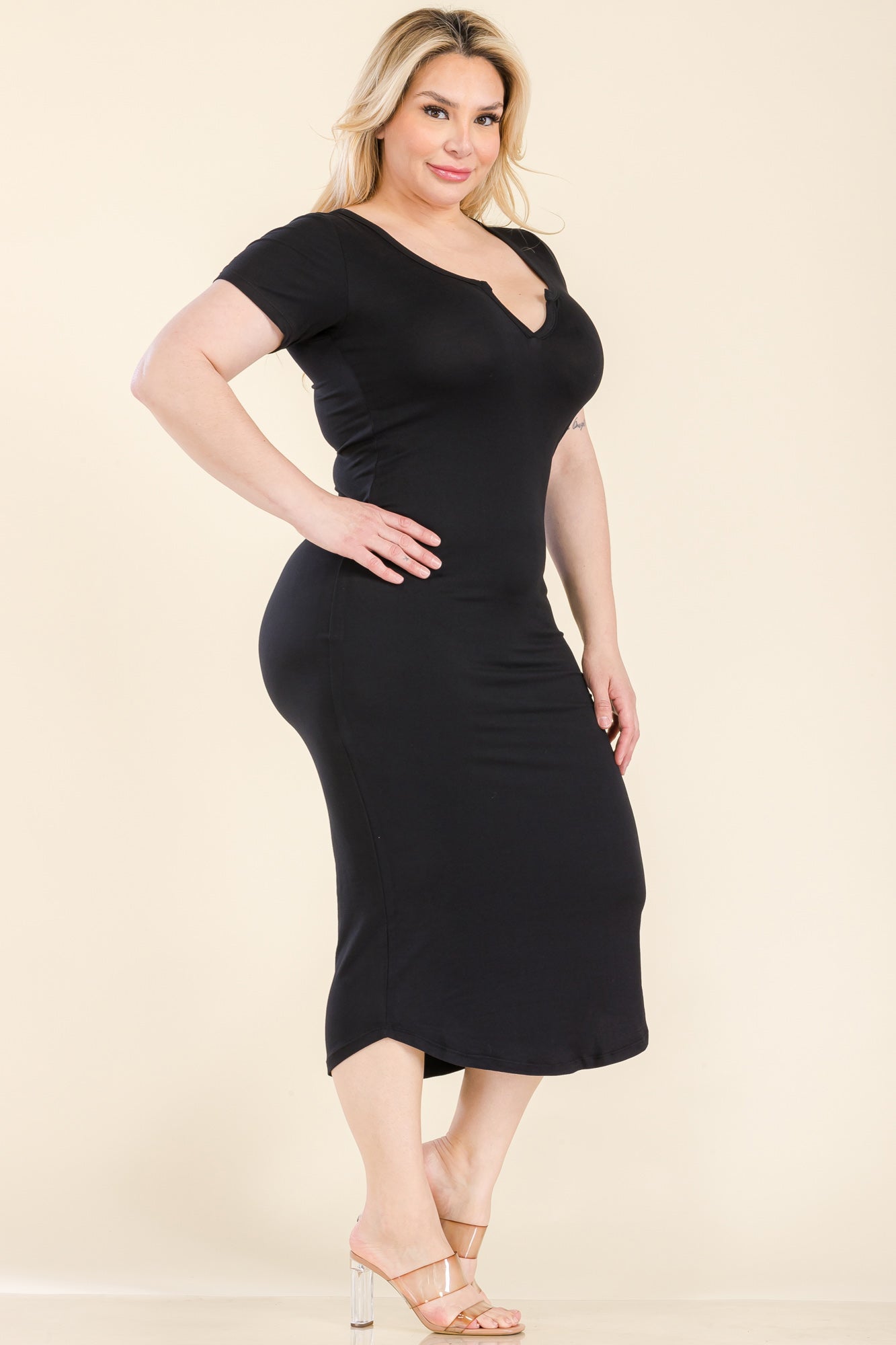 Plus Size Split Neck Bodycon Midi Dress (CAPELLA) - Capella Apparel