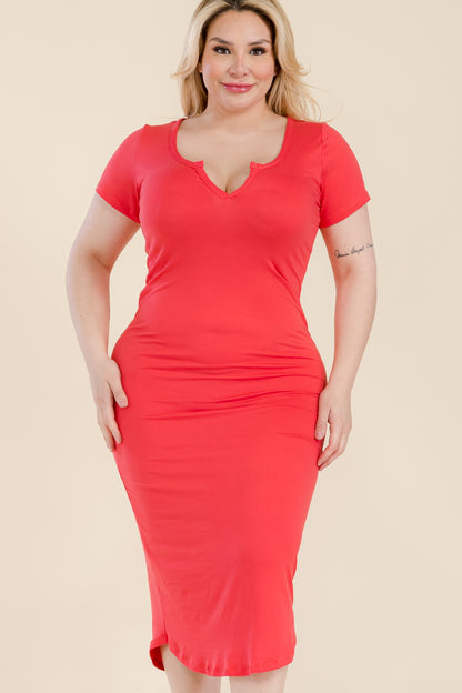 Plus Size Split Neck Bodycon Midi Dress - Capella Apparel