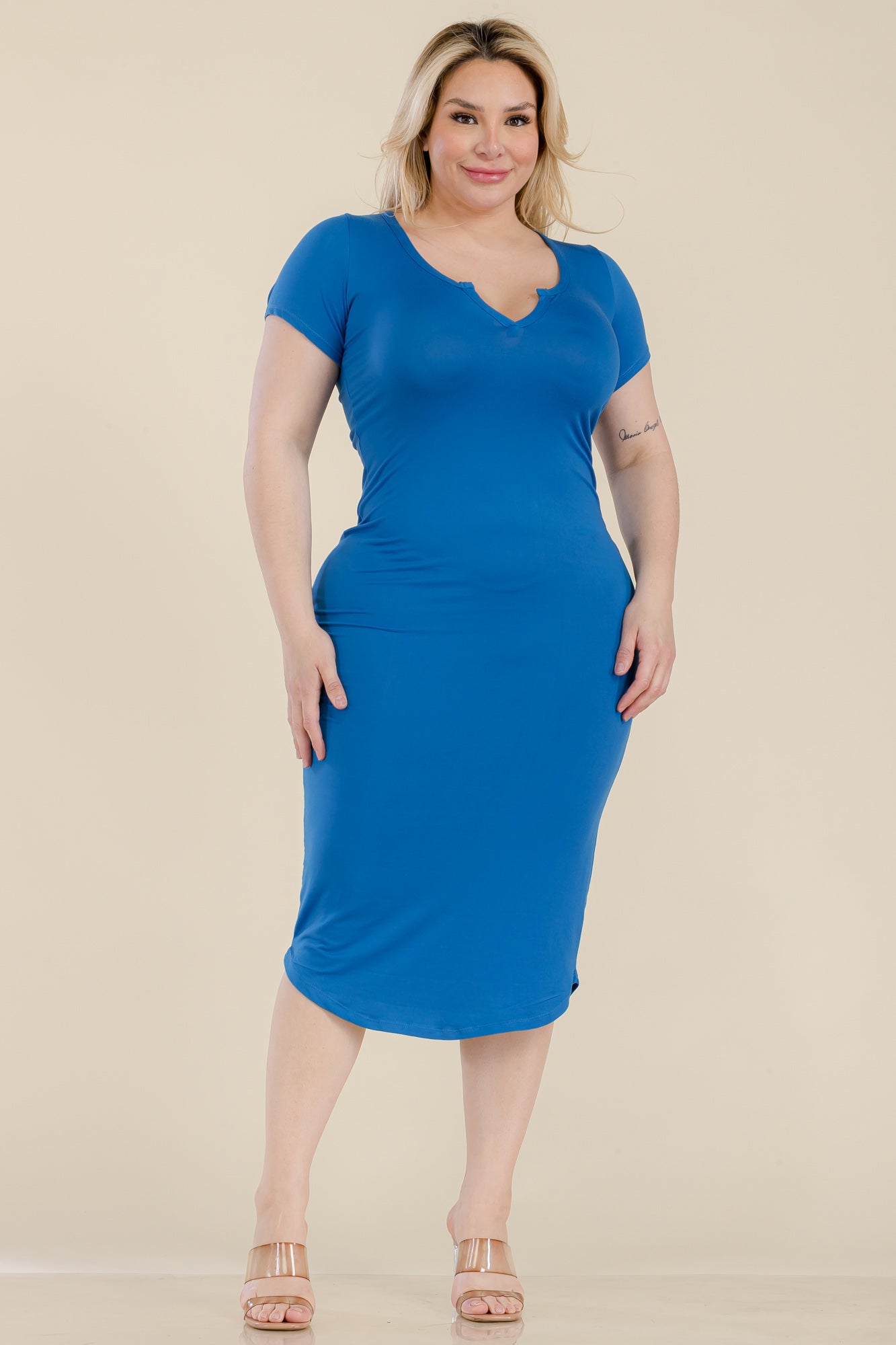 Plus Size Split Neck Bodycon Midi Dress (CAPELLA) - Capella Apparel