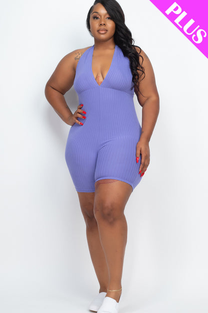 Plus Size Ribbed Halter V-Neck Bodycon Romper - Wholesale Capella Apparel