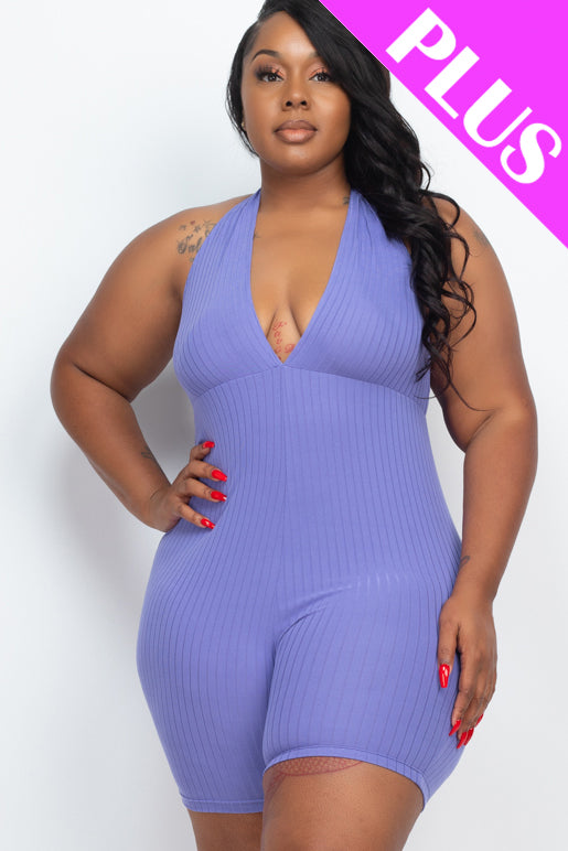 Plus Size Ribbed Halter V-Neck Bodycon Romper - Wholesale Capella Apparel