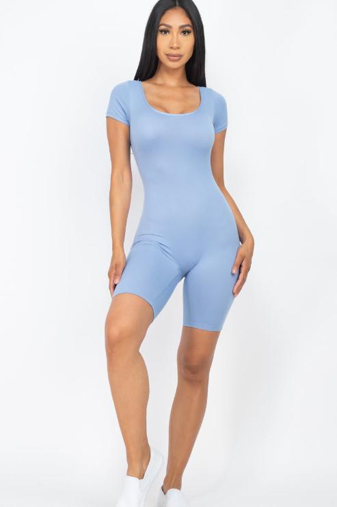 Short Sleeve Scoop Neck Bodycon Romper (CAPELLA) - Capella Apparel