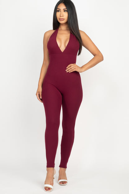 Halter V Neck Ribbed Bodycon Jumpsuit - Wholesale Capella Apparel