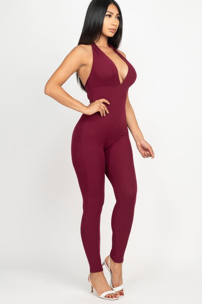 Halter V Neck Ribbed Bodycon Jumpsuit - Wholesale Capella Apparel