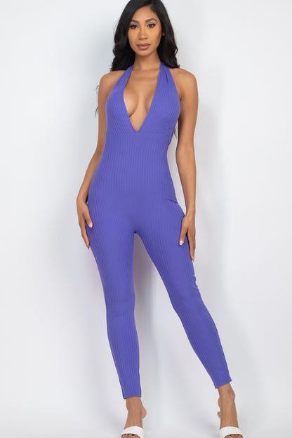 Halter V Neck Ribbed Bodycon Jumpsuit - Wholesale Capella Apparel