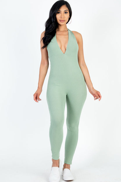 Halter V Neck Ribbed Bodycon Jumpsuit (CAPELLA) - Capella Apparel