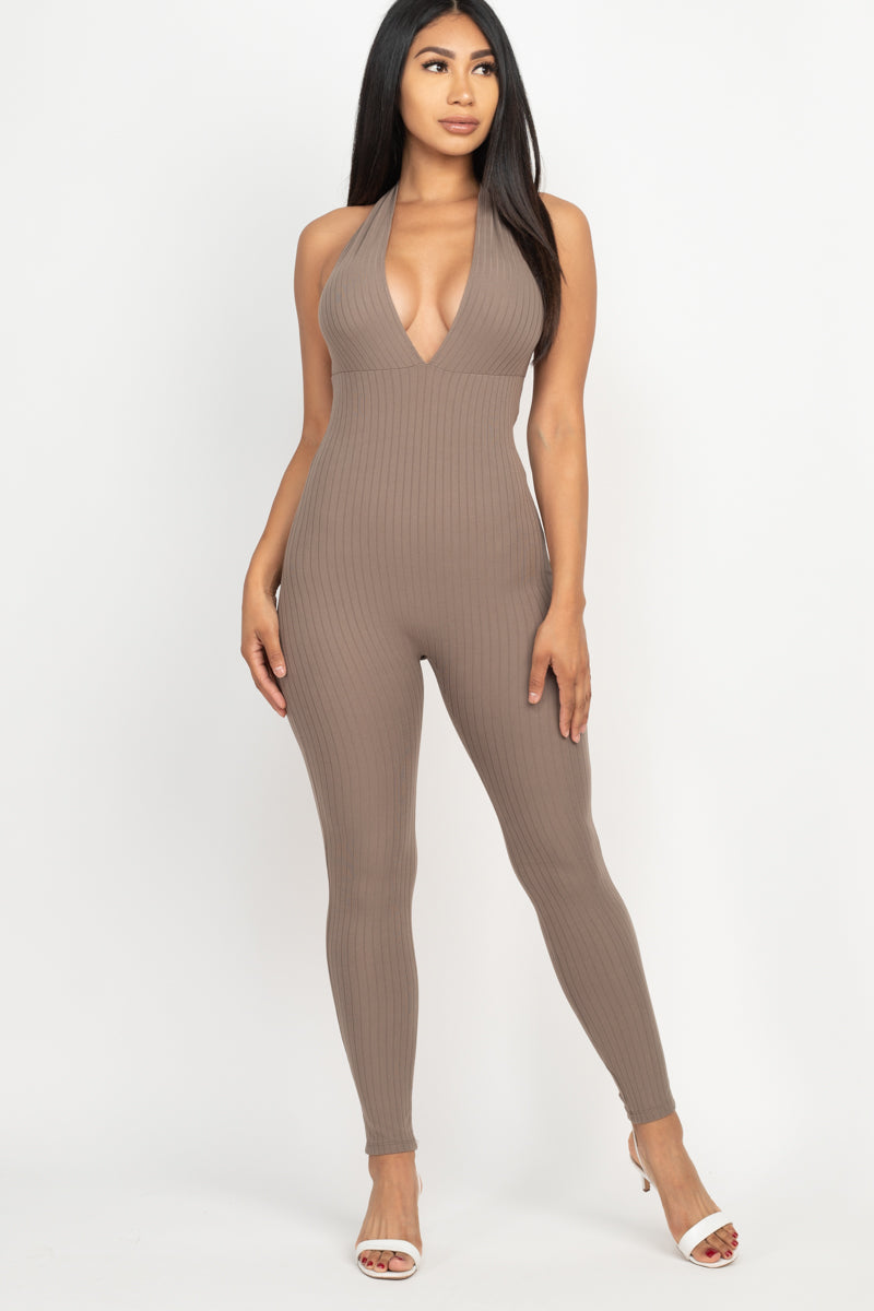 Halter V Neck Ribbed Bodycon Jumpsuit (CAPELLA) - Capella Apparel