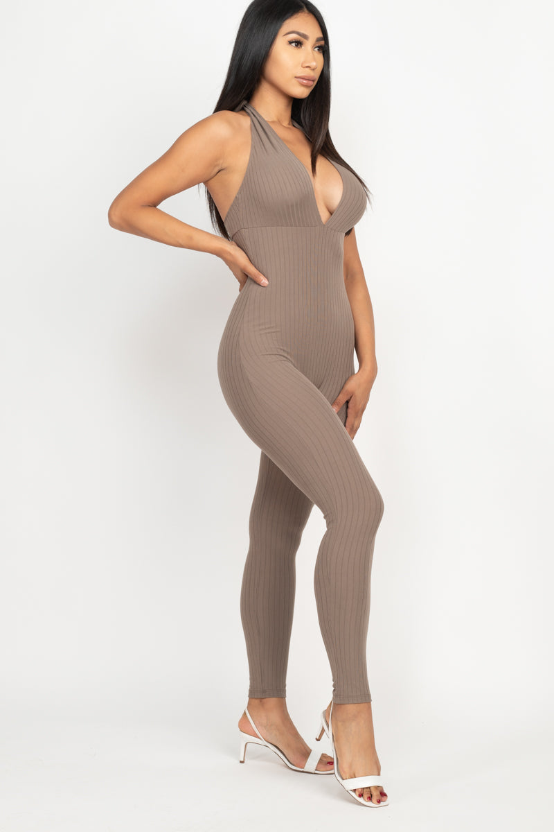 Halter V Neck Ribbed Bodycon Jumpsuit - Wholesale Capella Apparel