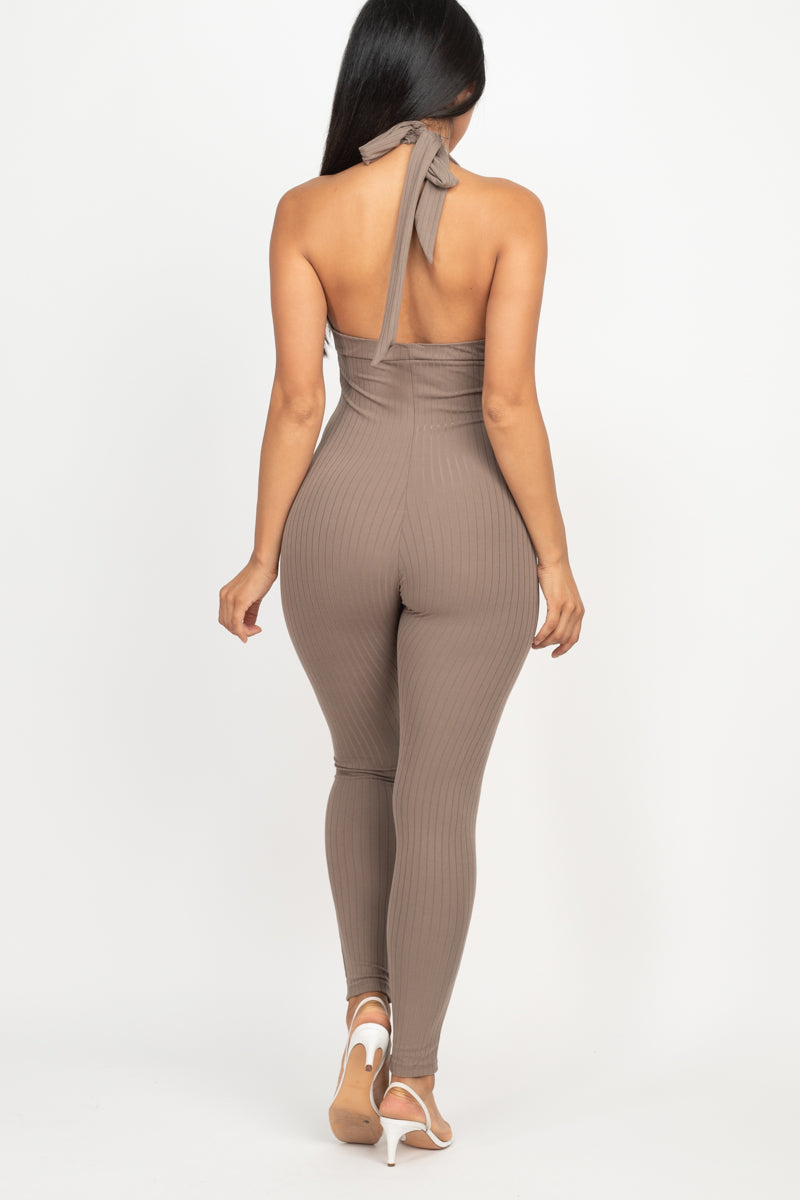 Halter V Neck Ribbed Bodycon Jumpsuit - Wholesale Capella Apparel