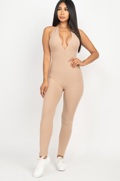 Halter V Neck Ribbed Bodycon Jumpsuit - Wholesale Capella Apparel