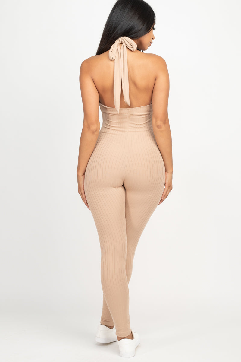 Halter V Neck Ribbed Bodycon Jumpsuit - Wholesale Capella Apparel