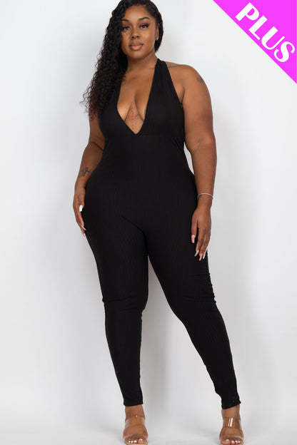 Plus Size Halter V Neck Ribbed Bodycon Jumpsuit (CAPELLA) - Capella Apparel