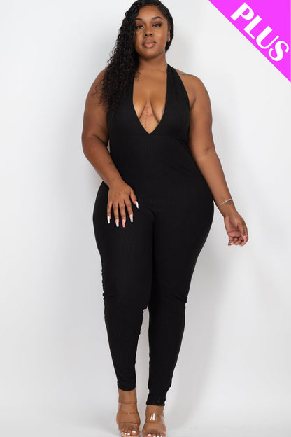 Plus Size Halter V Neck Ribbed Bodycon Jumpsuit (CAPELLA) - Capella Apparel