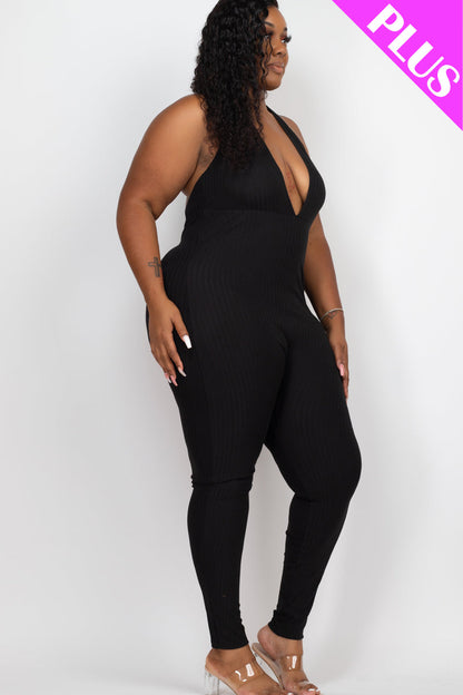 Plus Size Halter V Neck Ribbed Bodycon Jumpsuit (CAPELLA) - Capella Apparel