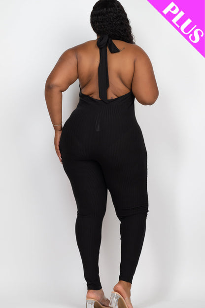 Plus Size Halter V Neck Ribbed Bodycon Jumpsuit (CAPELLA) - Capella Apparel