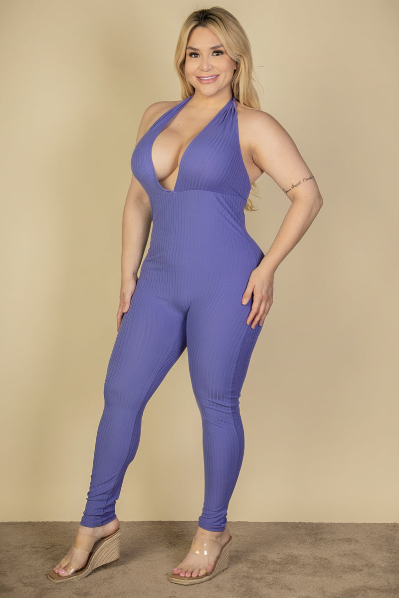 Plus Size Halter V Neck Ribbed Bodycon Jumpsuit (CAPELLA) - Capella Apparel