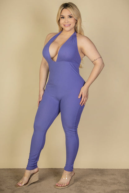 Plus Size Halter V Neck Ribbed Bodycon Jumpsuit (CAPELLA) - Capella Apparel