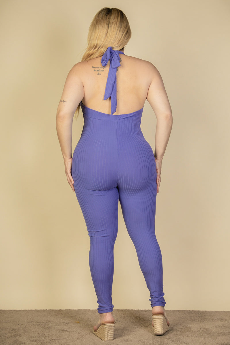 Plus Size Halter V Neck Ribbed Bodycon Jumpsuit (CAPELLA) - Capella Apparel