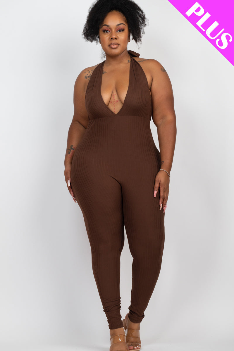 Plus Size Halter V Neck Ribbed Bodycon Jumpsuit (CAPELLA) - Capella Apparel