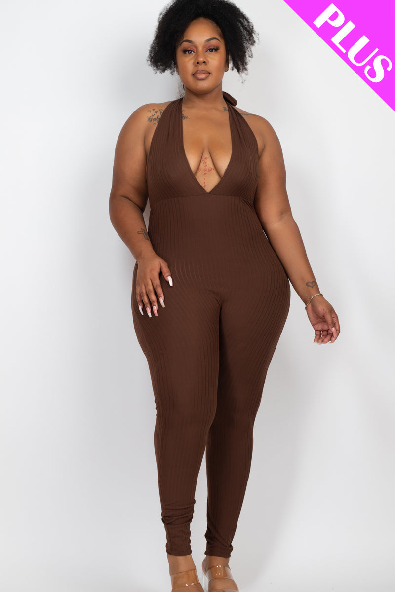 Plus Size Halter V Neck Ribbed Bodycon Jumpsuit (CAPELLA) - Capella Apparel