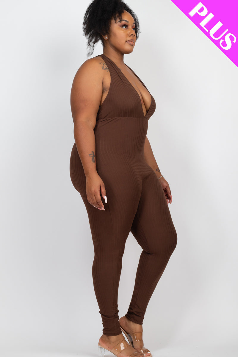 Plus Size Halter V Neck Ribbed Bodycon Jumpsuit (CAPELLA) - Capella Apparel