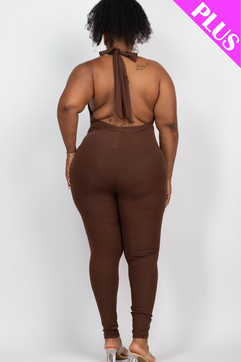 Plus Size Halter V Neck Ribbed Bodycon Jumpsuit - Capella Apparel