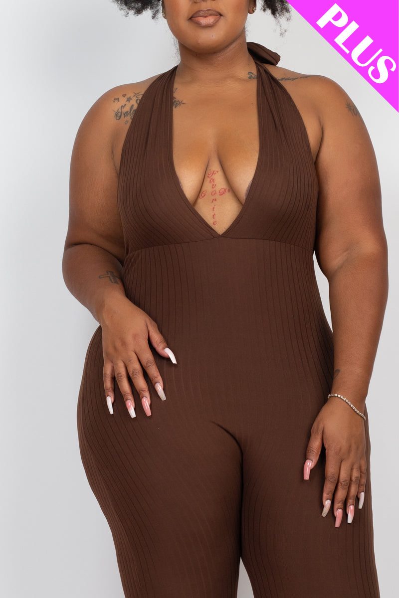 Plus Size Halter V Neck Ribbed Bodycon Jumpsuit - Capella Apparel