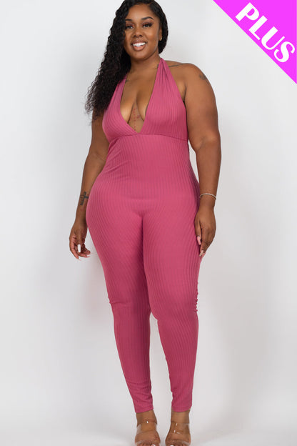 Plus Size Halter V Neck Ribbed Bodycon Jumpsuit (CAPELLA) - Capella Apparel