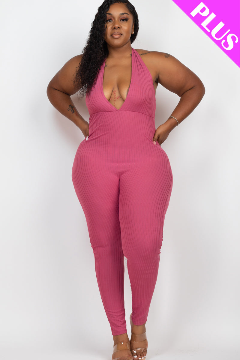 Plus Size Halter V Neck Ribbed Bodycon Jumpsuit (CAPELLA) - Capella Apparel