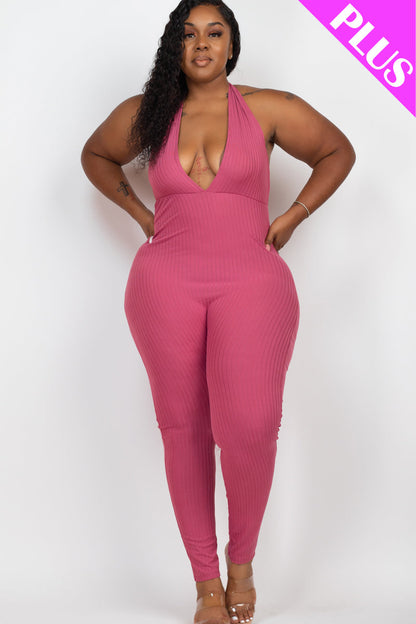 Plus Size Halter V Neck Ribbed Bodycon Jumpsuit (CAPELLA) - Capella Apparel