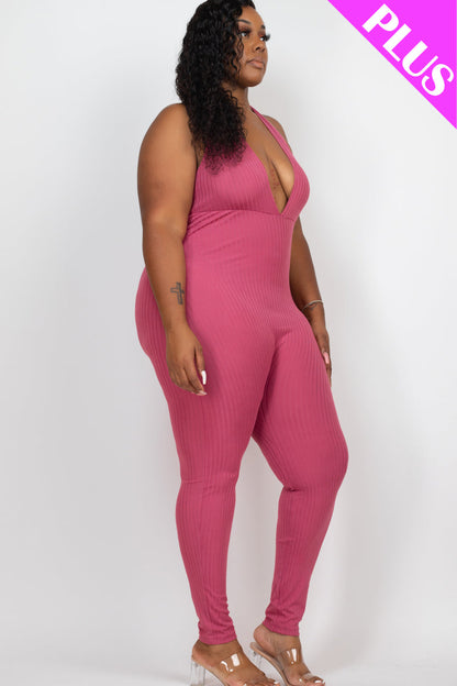 Plus Size Halter V Neck Ribbed Bodycon Jumpsuit (CAPELLA) - Capella Apparel