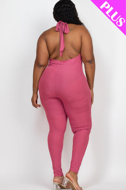 Plus Size Halter V Neck Ribbed Bodycon Jumpsuit (CAPELLA) - Capella Apparel