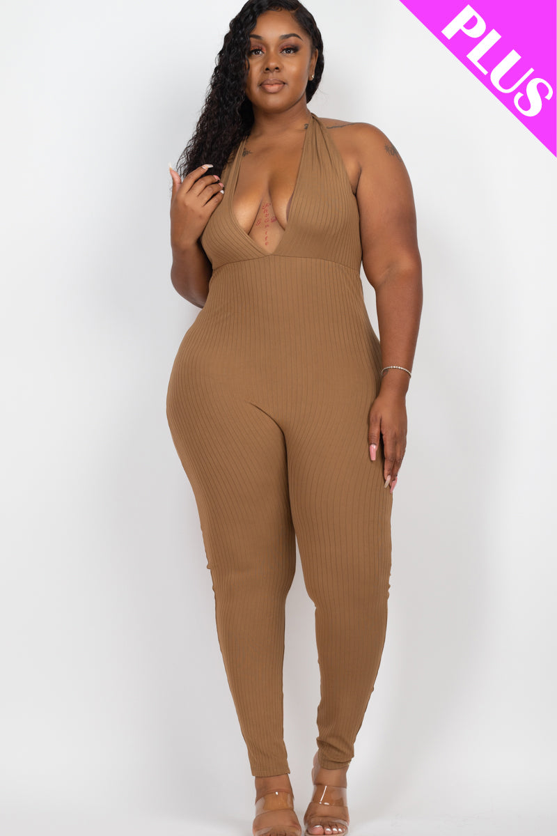 Plus Size Halter V Neck Ribbed Bodycon Jumpsuit (CAPELLA) - Capella Apparel